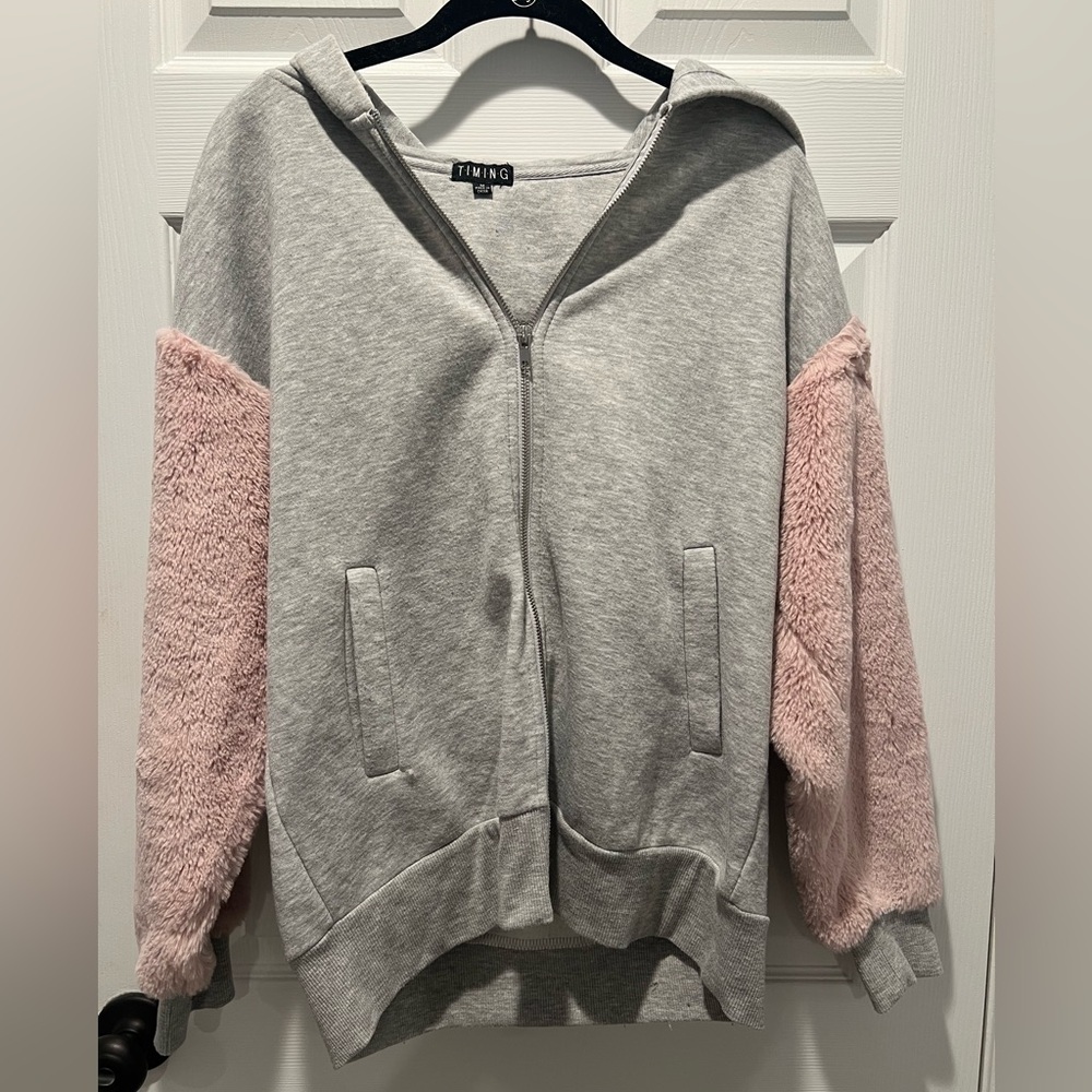 Timing zip up hoodie with pink soft fluffy sleeves